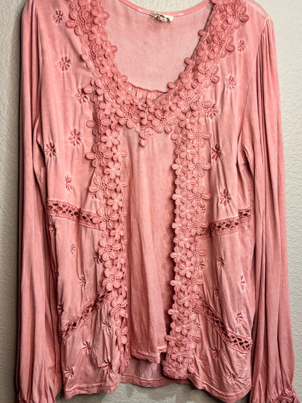 POL Rose-Pink Lace Trim Peasant Blouse - Picture 2 of 4